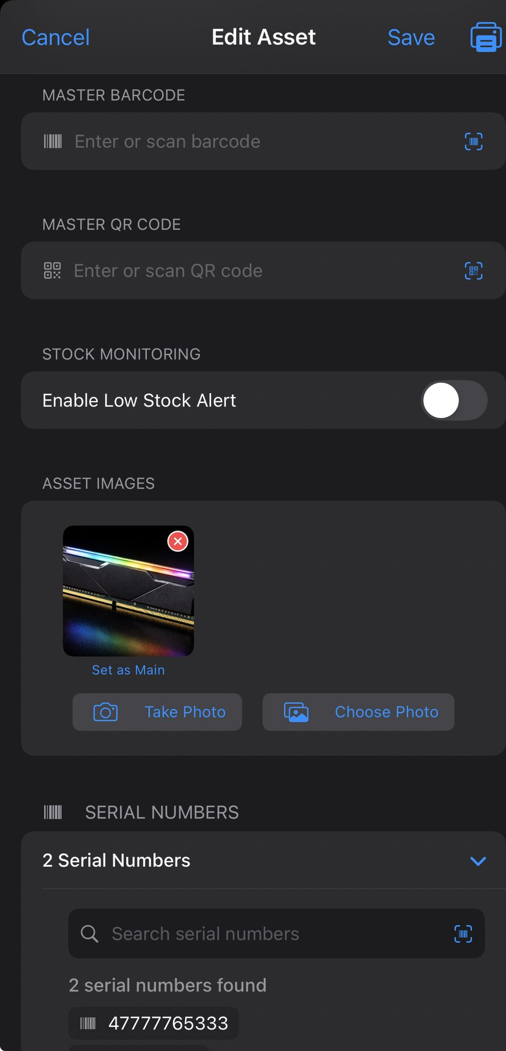 Barcode generation screen