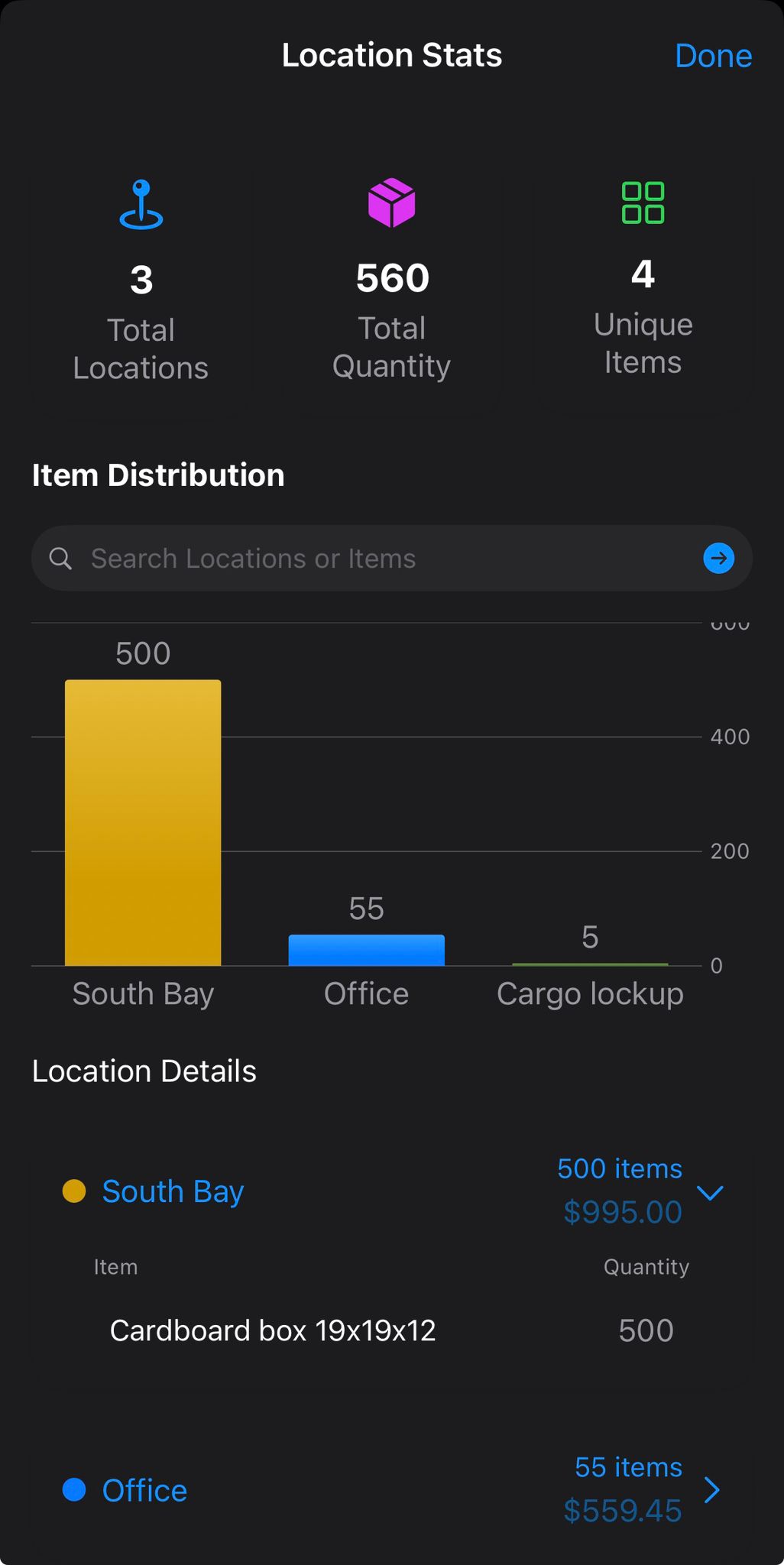 Location statistics screen