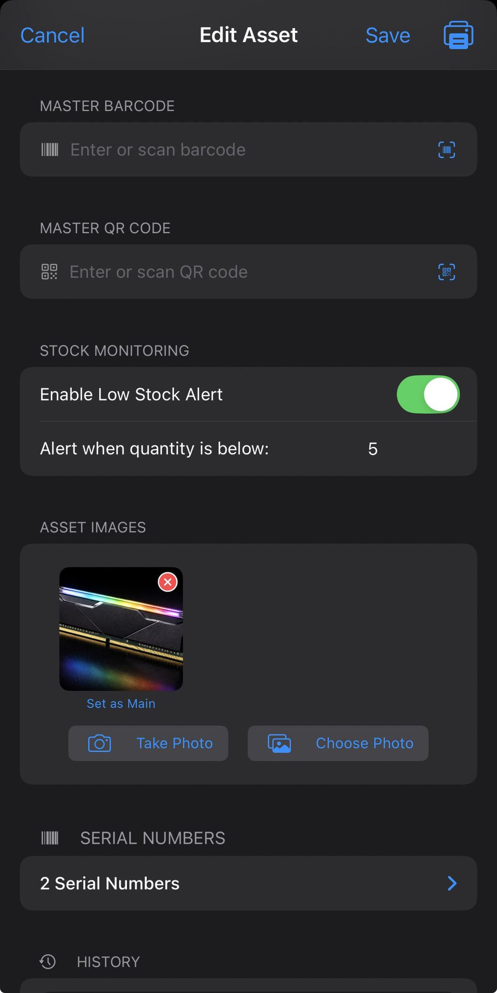 Threshold settings screen